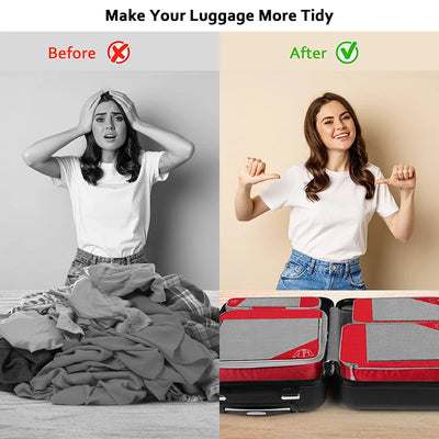 Before and after comparison showing a woman packing and unpacking luggage. The top half is black and white with the text 'Before' and a red crossed-out icon, showing a messy pile of clothes.