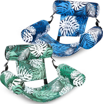 Two adjustable pool float chairs with padded armrests and backrests, shown on a plain white background. One chair has a blue and white tropical leaf pattern, and the other has a green and white tropical leaf pattern.