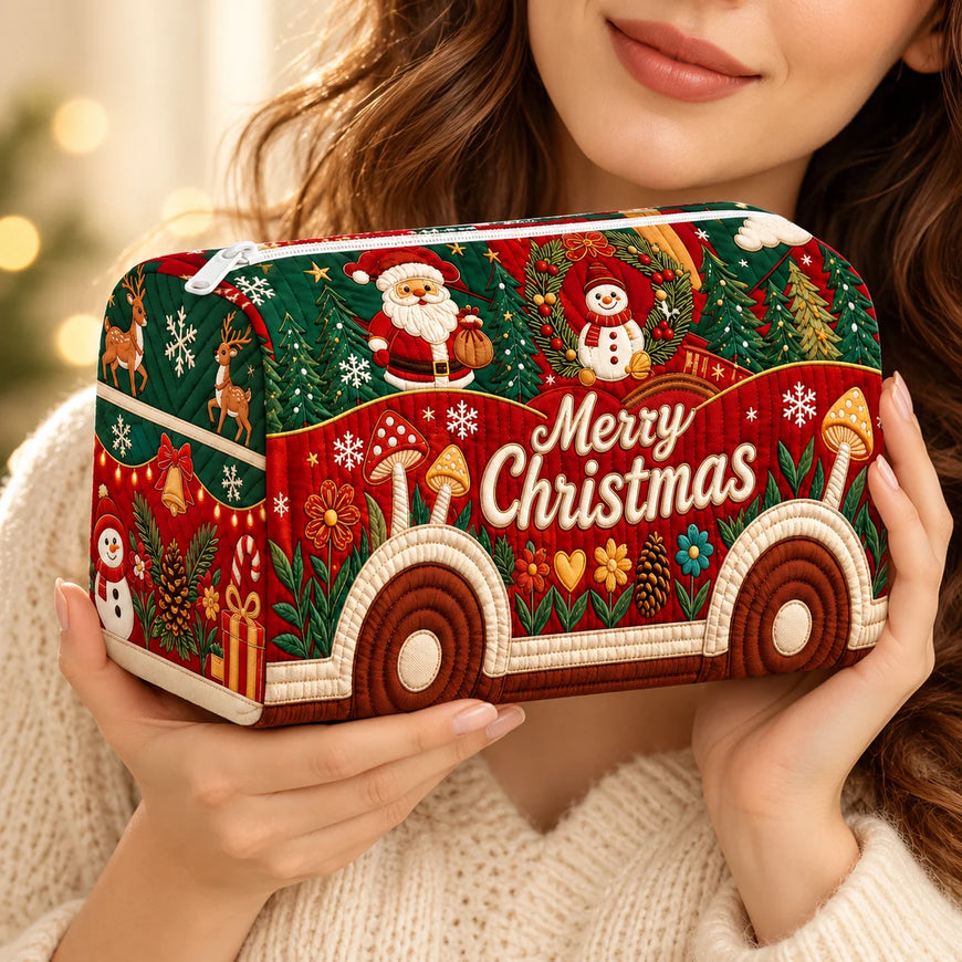Christmas Quilted Cosmetic Bag – Santa Travel Makeup Pouch