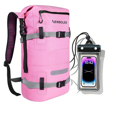 Pink backpack with phone bag and 'Newboler' branding on a white background