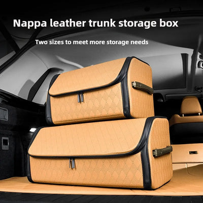 Two tan quilted Nappa leather trunk storage boxes stacked inside a car trunk, with text at the top reading 'Nappa leather trunk storage box' and 'Two sizes to meet more storage needs.'.