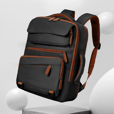 Black backpack with brown accents on a white background