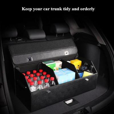 A black car trunk organizer tray installed inside an open car trunk, holding water bottles, boxes, and other items. White text at the top reads 'Keep your car trunk tidy and orderly'.