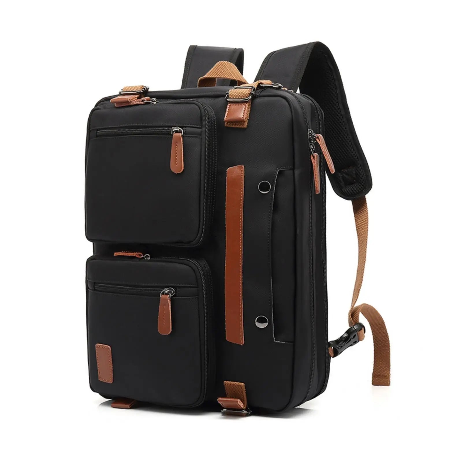 A black nylon backpack with brown faux-leather accents, shown on a clean white background. The backpack features multiple zippered compartments, a vertical brown handle, and adjustable shoulder straps.