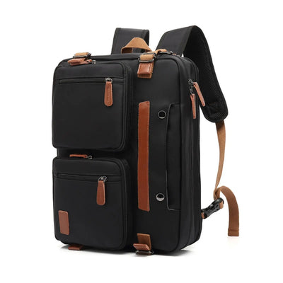 A black nylon backpack with brown faux-leather accents, shown on a clean white background. The backpack features multiple zippered compartments, a vertical brown handle, and adjustable shoulder straps.