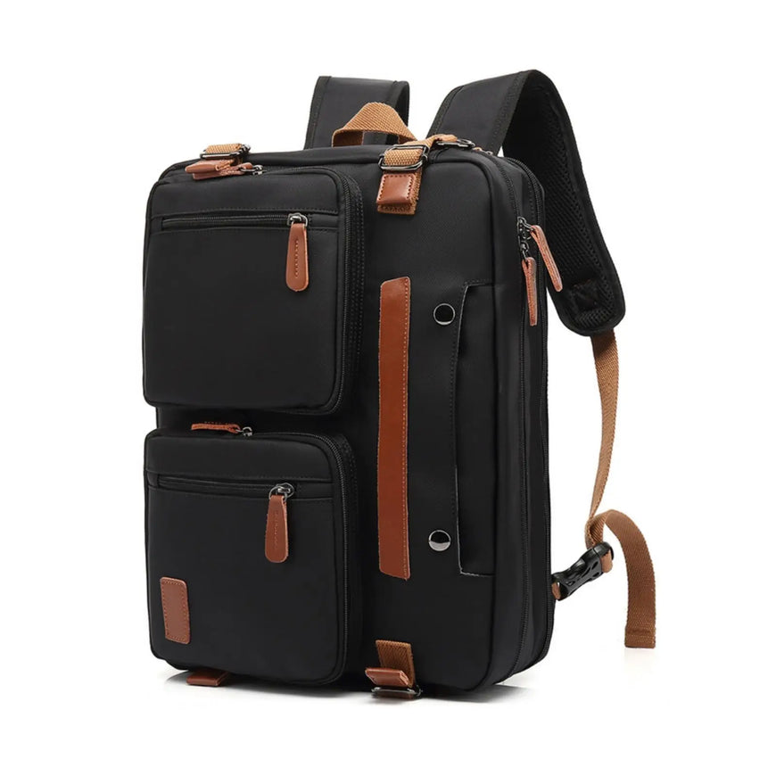 A black nylon backpack with brown faux-leather accents, shown on a clean white background. The backpack features multiple zippered compartments, a vertical brown handle, and adjustable shoulder straps.