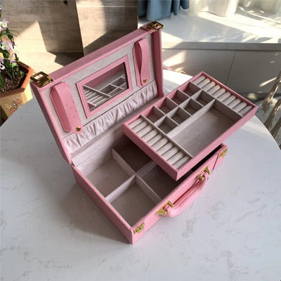 Leather Travel Jewelry Box with Mirror – Double-Layer Jewelry Organizer