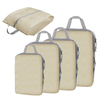 Set of beige packing cubes with gray straps on a white background