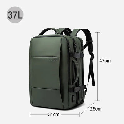 Green backpack with dimensions and capacity label on a white background