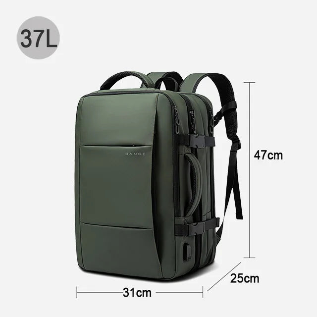 Green backpack with dimensions and capacity label on a white background