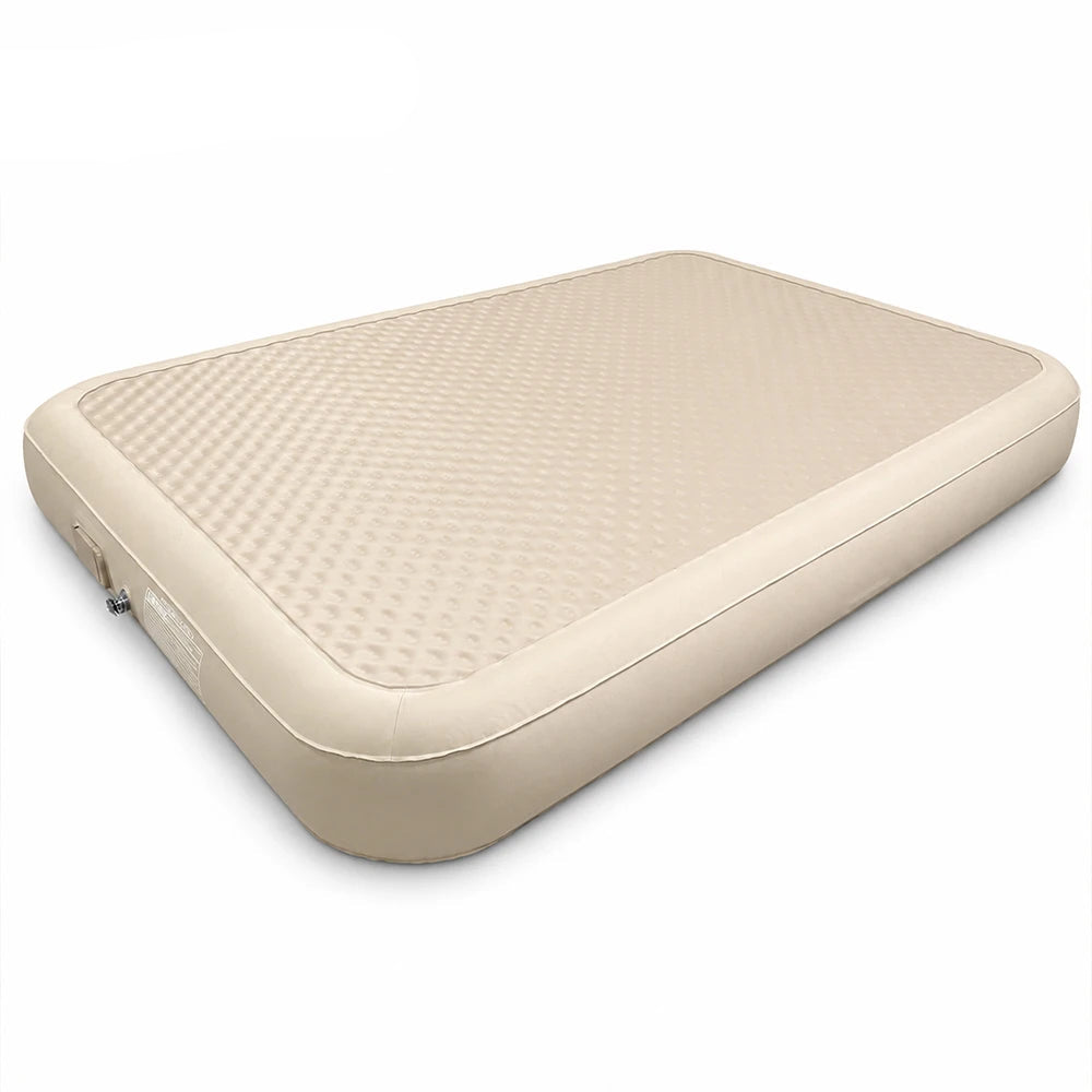An inflatable camping bed by Sonuto, shown inflated on a clean white background with the brand logo in the top-left corner. The bed is a light beige/cream color with a quilted diamond-patterned top surface and a smooth, rounded bottom border.