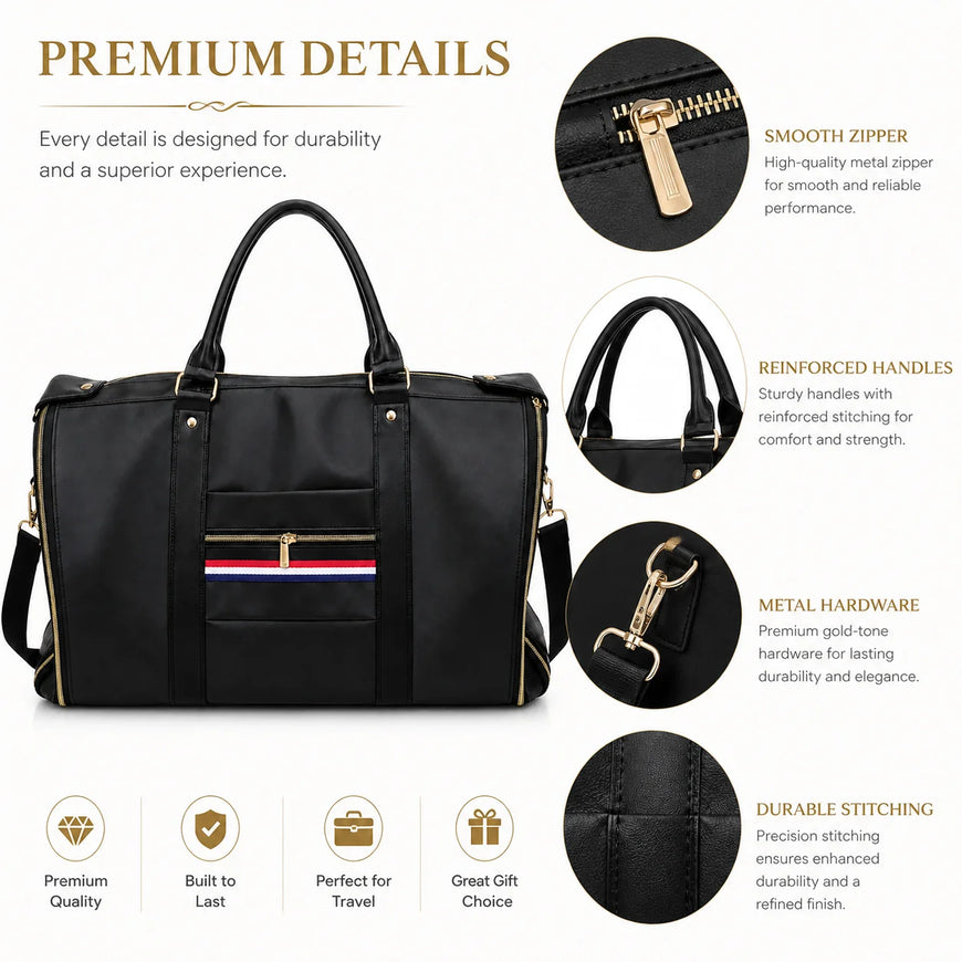 Black leather briefcase-style tote bag with top handles, a front zip pocket, and gold-tone hardware, shown on a white background with feature callout circles and text highlighting zipper, handles, hardware, and stitching.
