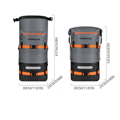 Two gray and orange Newboler bags with dimensions and specifications on a white background.