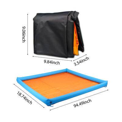 A black outdoor cover and an orange inflatable floor mat shown on a white background with dimension labels. The cover is marked 9.