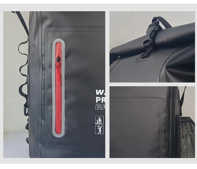Collage of a black waterproof bag with red zipper and visible brand logo.