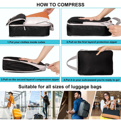 Instructional collage showing how to compress a suitcase or luggage bag: four panels demonstrate pulling zipper layers to reduce volume, with text labels, and small travel lifestyle photos at the bottom showing the bag in use on a plane or in an airport.