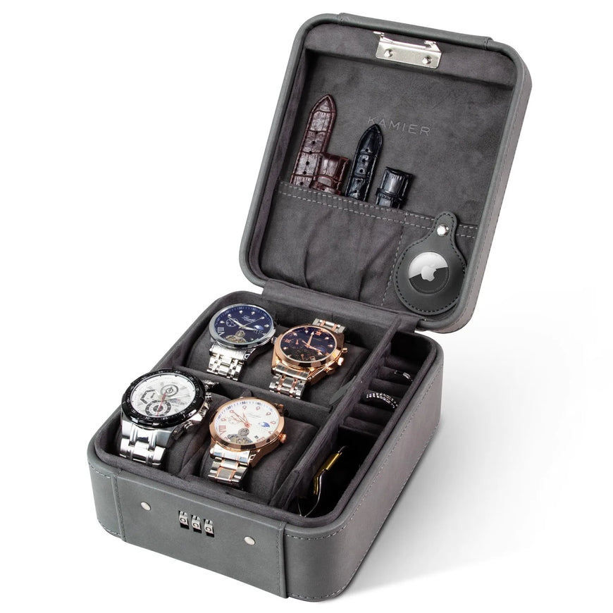 Gray watch storage case with multiple watches inside on a white background
