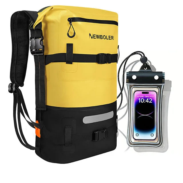 Gray and orange backpack with phone pouch on a white background