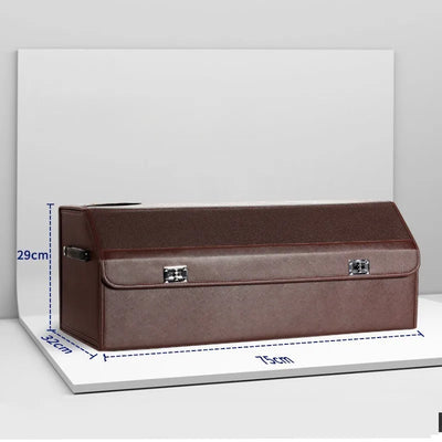 A brown faux-leather wine or accessory storage box with silver metal latch hardware, shown on a white display board with blue dimension lines indicating measurements of 29cm height, 31cm width, and 75cm depth.