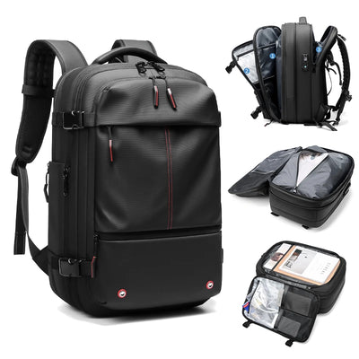 Black and gray backpack with multiple compartments on a white background