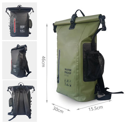 Green waterproof backpack with dimensions on a white background