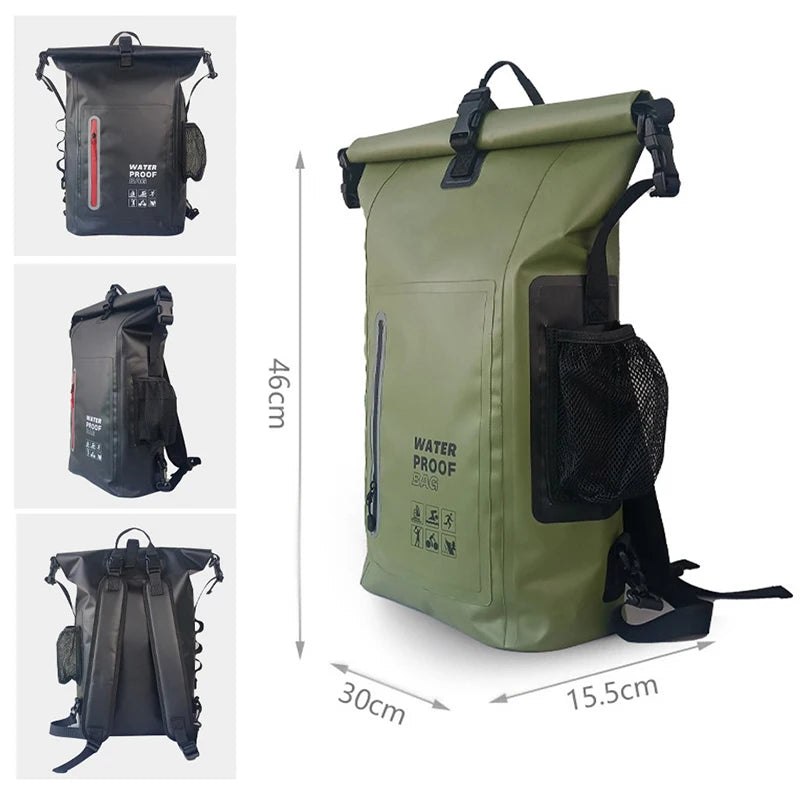 Green waterproof backpack with dimensions on a white background