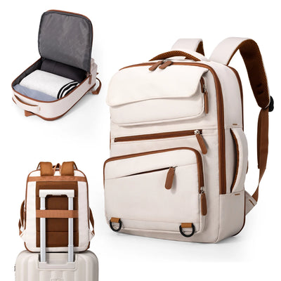 Beige backpack with brown accents on a white background