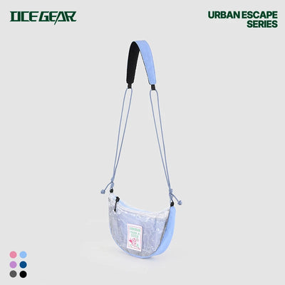 A light blue and white patterned semi-transparent shoulder bag with a matching blue strap, shown on a light gray background with 'OCE GEAR' and 'URBAN ESCAPE SERIES' text.