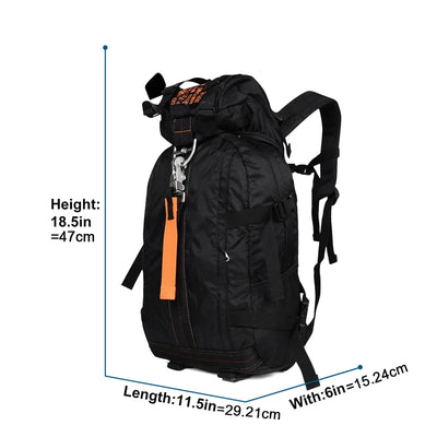 Black backpack with orange accents and measurements on a white background