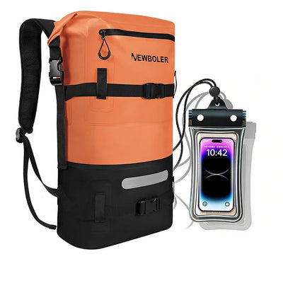 Orange and black backpack with phone pouch on a white background