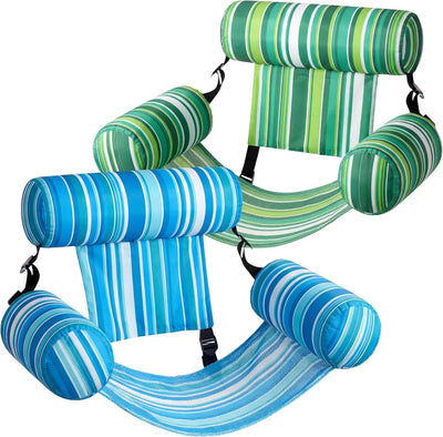 Striped blue and green inflatable chair on a white background