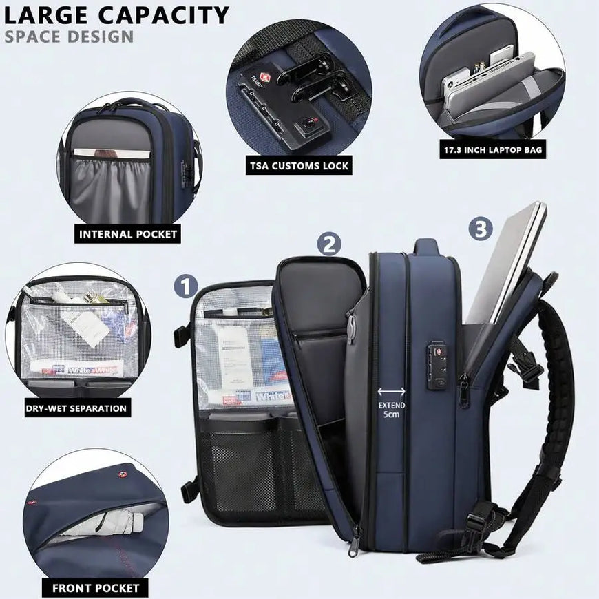 A navy blue backpack-style laptop bag shown with callout circles and labels explaining its features, including internal pockets, TSA customs lock, 17.3-inch laptop capacity, dry-wet separation, front pocket, and large capacity space design.