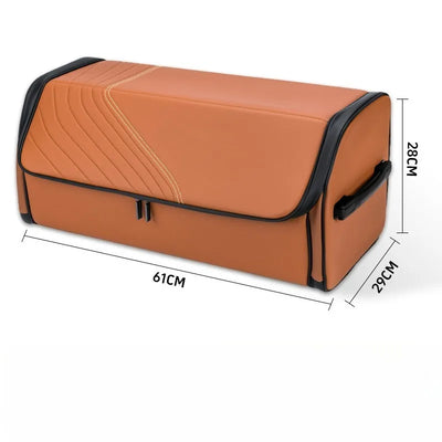 An orange-brown zippered storage bag or organizer shown on a white background with dimension lines indicating 61 cm length, 29 cm width, and 28 cm height.