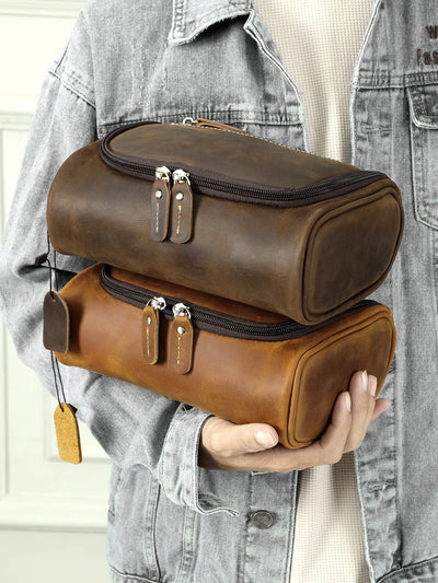 Top-Grain Leather Toiletry Bag for Men – Vintage Travel Organizer Pouch