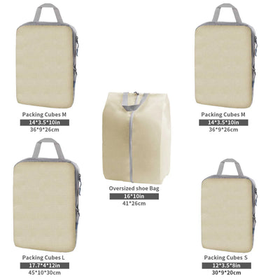 Set of beige packing cubes and oversized shoe bag with dimensions labeled.