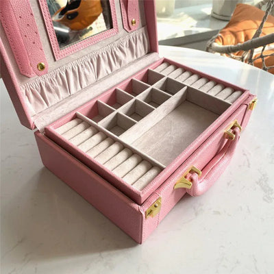 Leather Travel Jewelry Box with Mirror – Double-Layer Jewelry Organizer