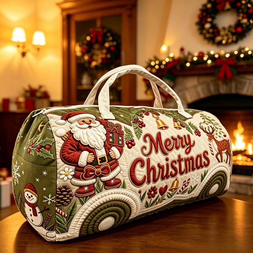 A Christmas-themed cylindrical duffel bag with embroidered Santa Claus, 'Merry Christmas' text, and holiday motifs, displayed on a wooden table in a warm, decorated living room.