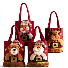 Four red Christmas-themed canvas tote bags with plush animal and holiday character designs, including Santa Claus, a reindeer, a teddy bear, and a snowman, shown on a white background.