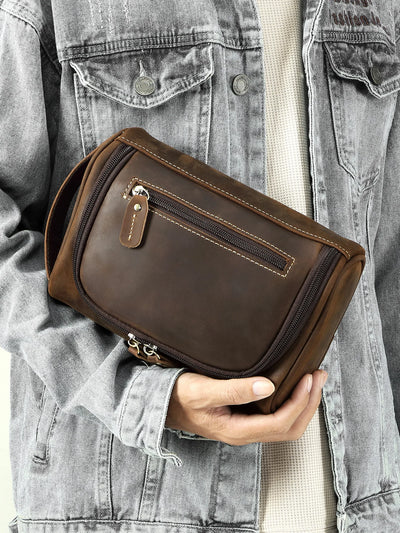 Top-Grain Leather Toiletry Bag for Men – Vintage Travel Organizer Pouch