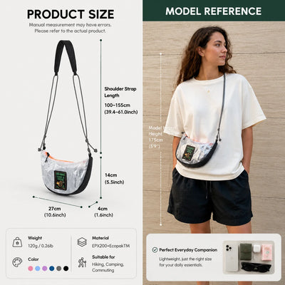 Product size and model reference infographic for a small shoulder bag. The left side shows the bag with labeled dimensions for the shoulder strap, height, width, and depth, plus weight and material details.