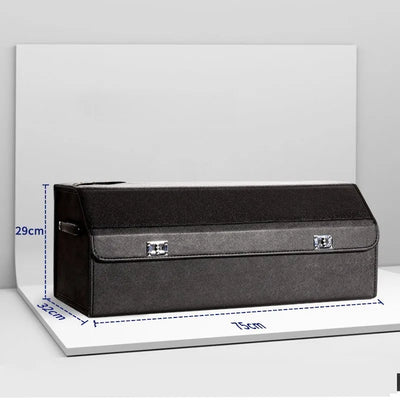 A dark gray fabric storage box with silver metal clasps, shown on a white platform with blue dimension lines indicating 29cm height, 31cm width, and 15cm depth.