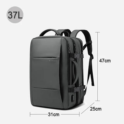 Gray backpack with measurement details on a white background