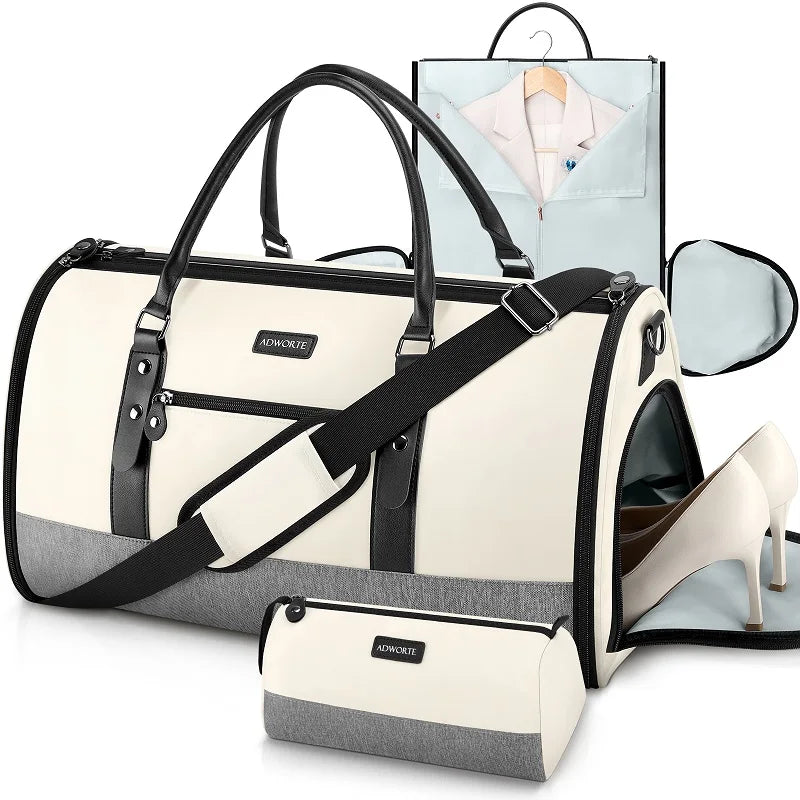 White and gray duffel bag with black straps, shoe, and mirror on a white background