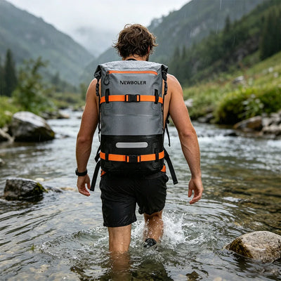 Person with a Newboler backpack crossing a stream in a mountainous area