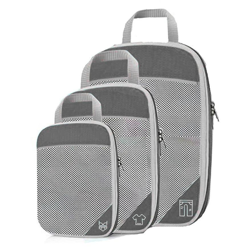 Set of three gray packing cubes with handles on a white background