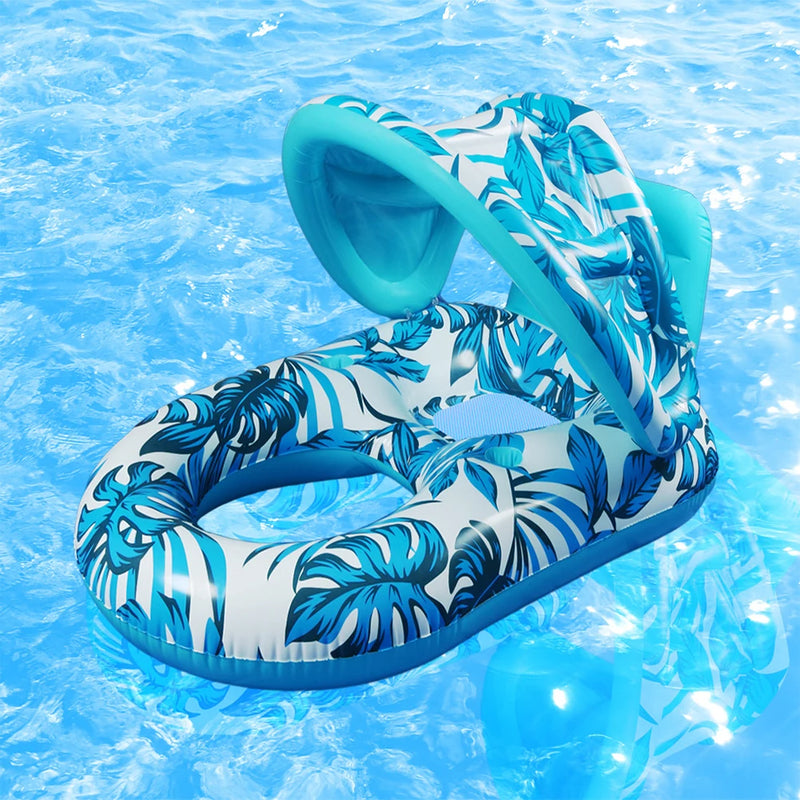Inflatable lounge chair with blue leaf pattern on a white background