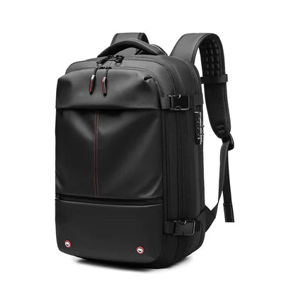 Black backpack with red accents on a white background