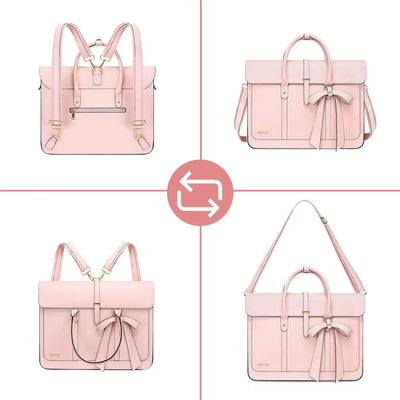 Pink handbag with bow detail shown from multiple angles on a white background