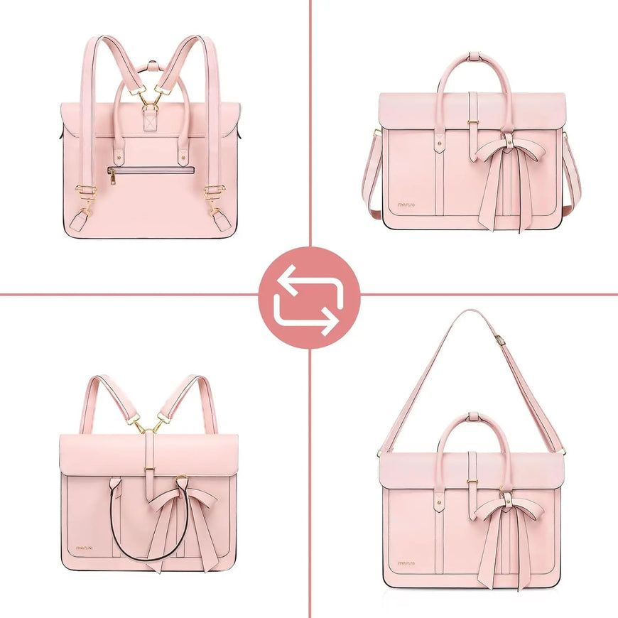 Pink handbag with bow detail shown from multiple angles on a white background