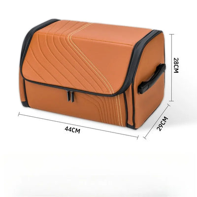 An orange-brown zippered storage bag with black trim and handles, shown on a white background with dimension lines indicating 44cm length, 29cm width, and 28cm height.